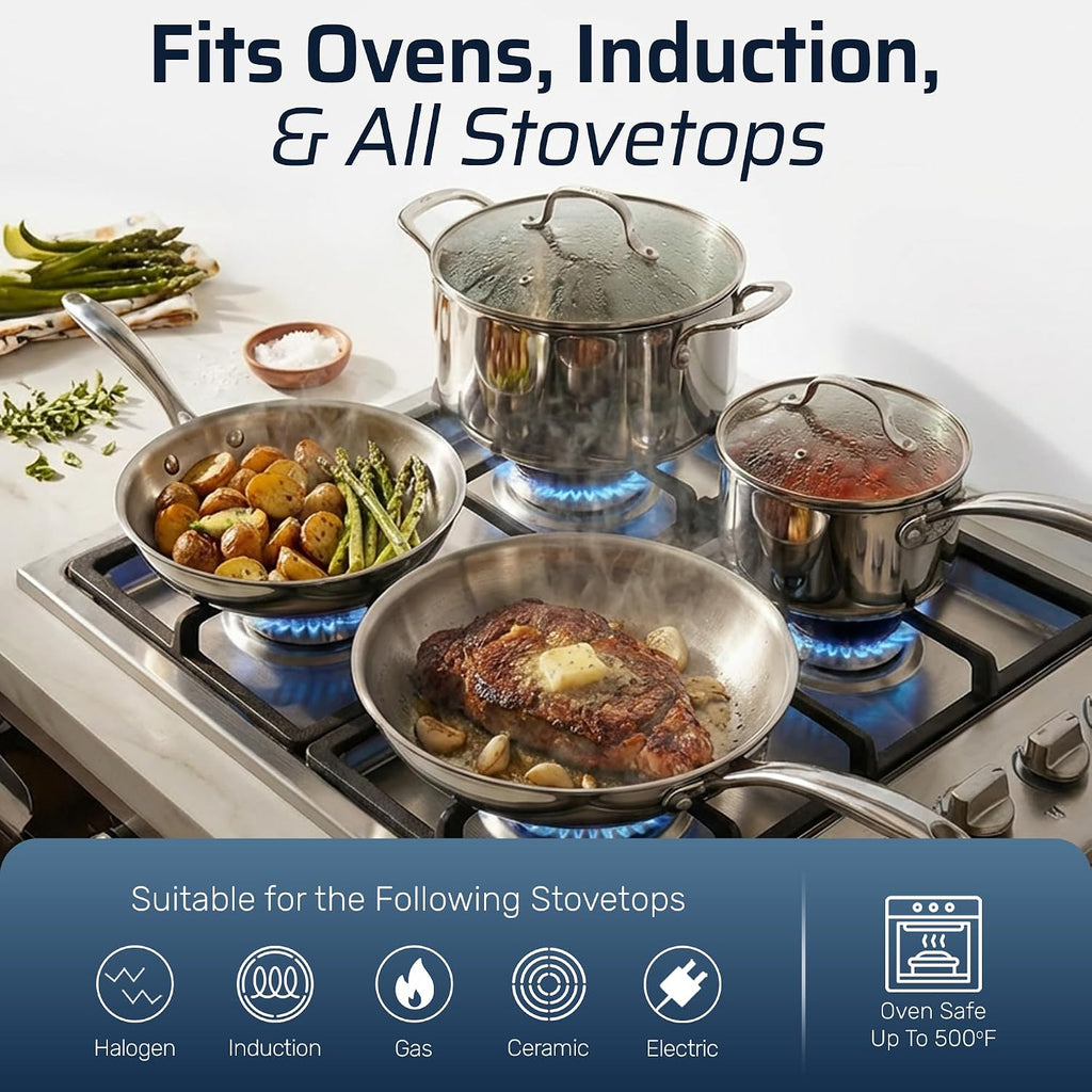 10 Pcs Tri Ply Stainless Steel Cookware Set, Pots and Pans Set with Induction Bottom, Made Without PTFE PFOA PFOS