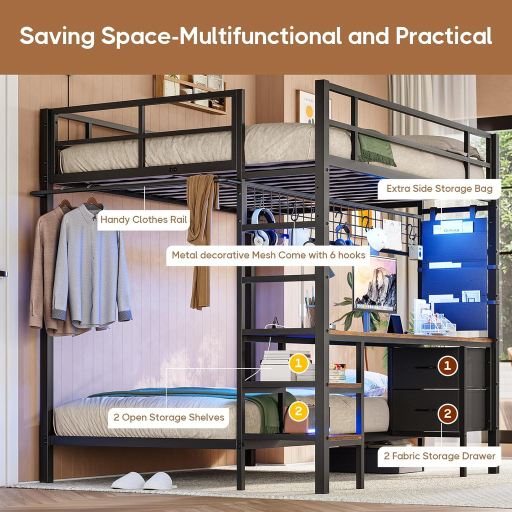 Full Over Twin Bunk Bed with Desk and Charging Station Metal Full Over Twin Bunk Bed with Led Lights,Storage Shelves