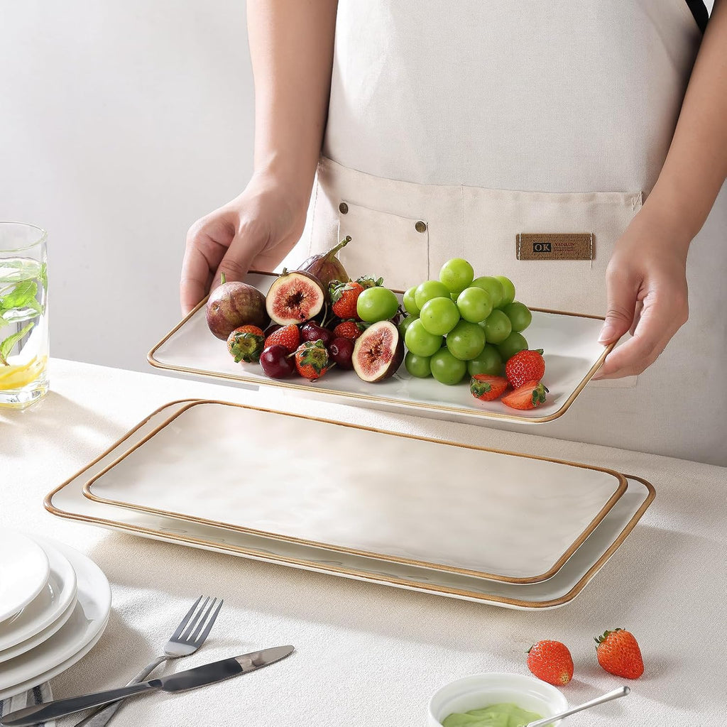 Ceramic Rectangle Serving Platter with Brown Rim: 15.6/14.1/12.6 Inch Large Serving Dishes for Entertaining Party