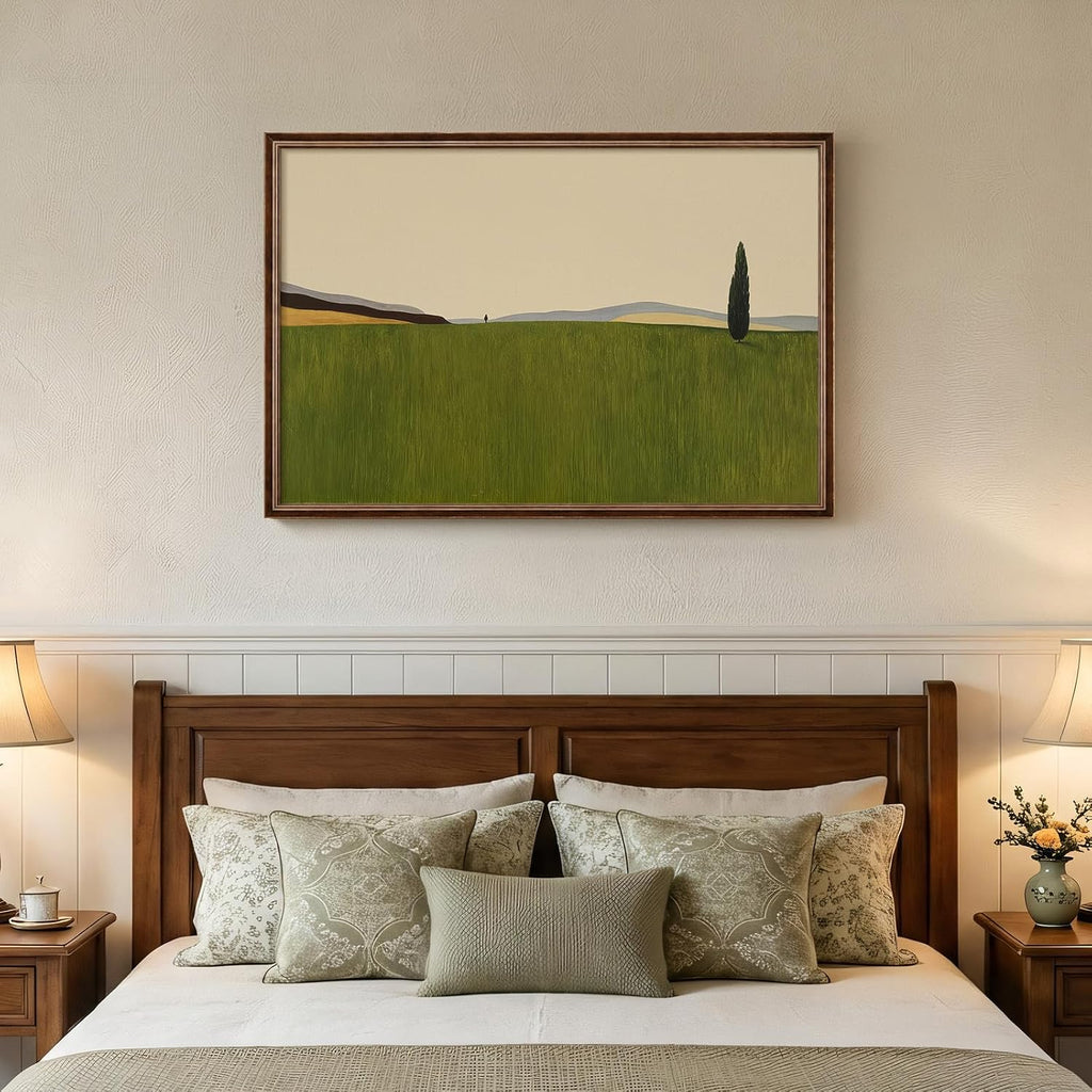 Vintage Framed Green Abstract Landscape Wall Art, Modern Sage Green Canvas Paintings Artwork for Walls, Rustic Tree