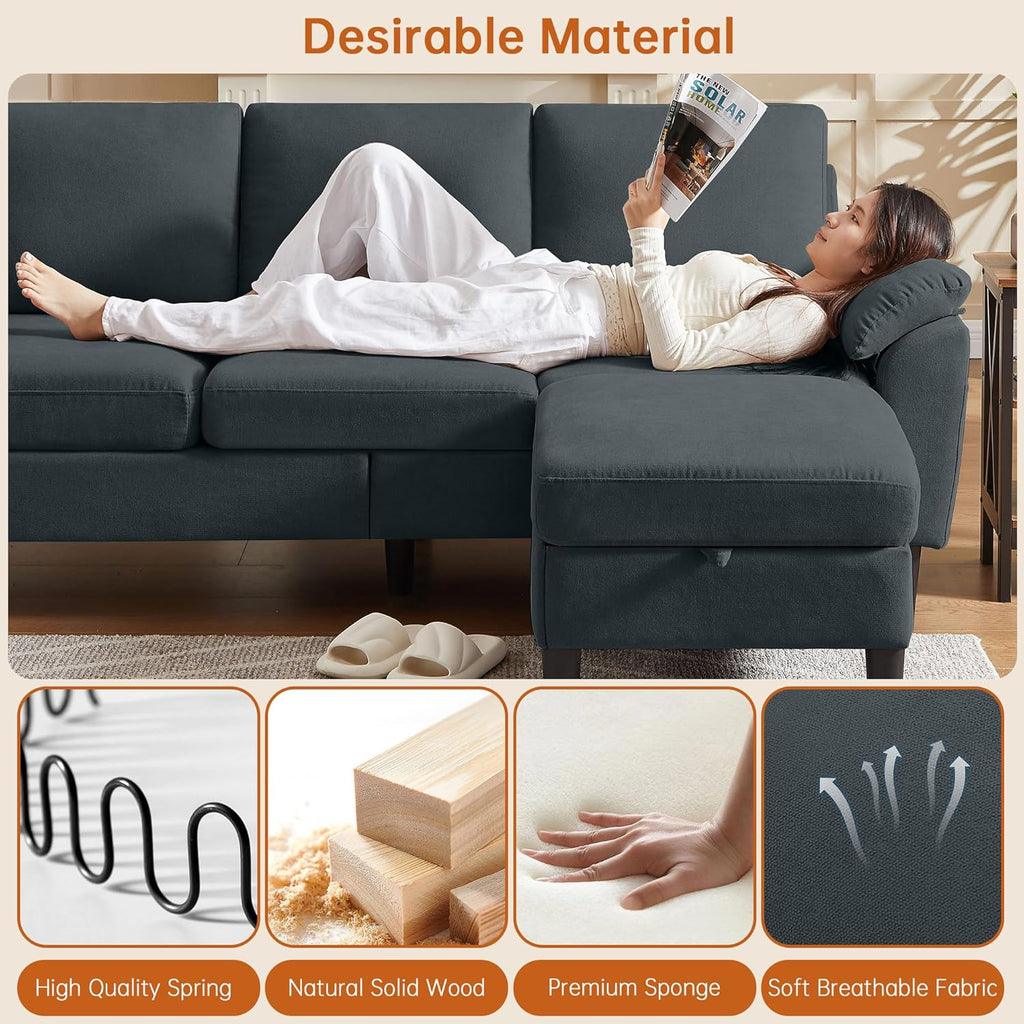 Convertible Sectional Sofa, Modern L Shaped 3-seat Sofa, 79" Linen Fabric Small Sectional Couch with Movable Ottoman