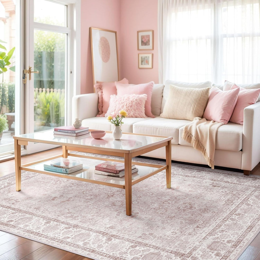 Light Pink 4x6 Rugs Nursery Rug Vintage Aesthetic Cute Boho Floral Washable Area Rug Indoor Carpet for Kids Room