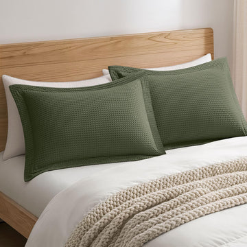 100% Cotton Waffle Pillow Shams with Flange 20"x26", 2 Packs, Olive Green