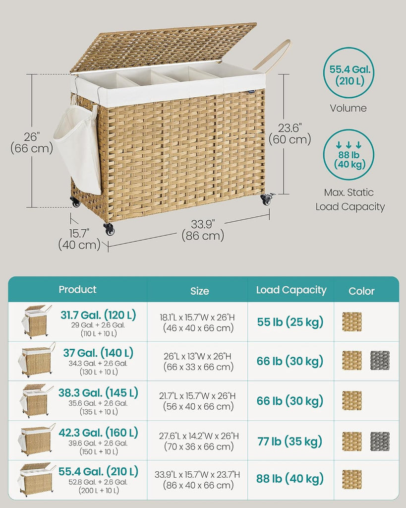 Laundry Hamper with Lid, 55.4 Gallons (210 L), Rolling Laundry Basket with Wheels, 4-Section Synthetic Rattan