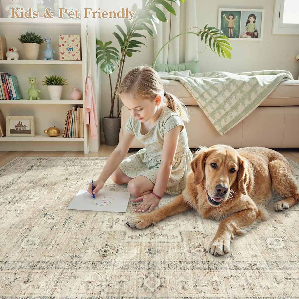 Washable Area Rug 9x12 Rugs Bedroom, Non-Slip Boho Neutral Carpet Office, Low-Pile Farmhouse Soft Carpets for Kids