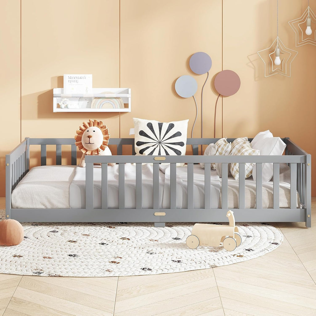 Twin Floor Bed with Slats and Guardrails, Wood Montessori Floor Beds with Fence, Easy Assemble Floor Bed for Kids