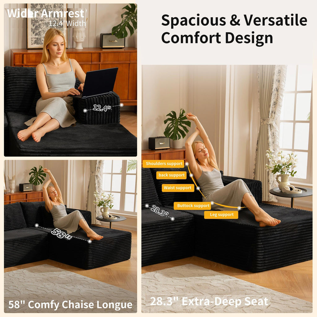 110" No Assembly Compression Boneless in a Box Cloud Sectional Couches L-Shape Couch Sleeper Sofa, Modern Modular
