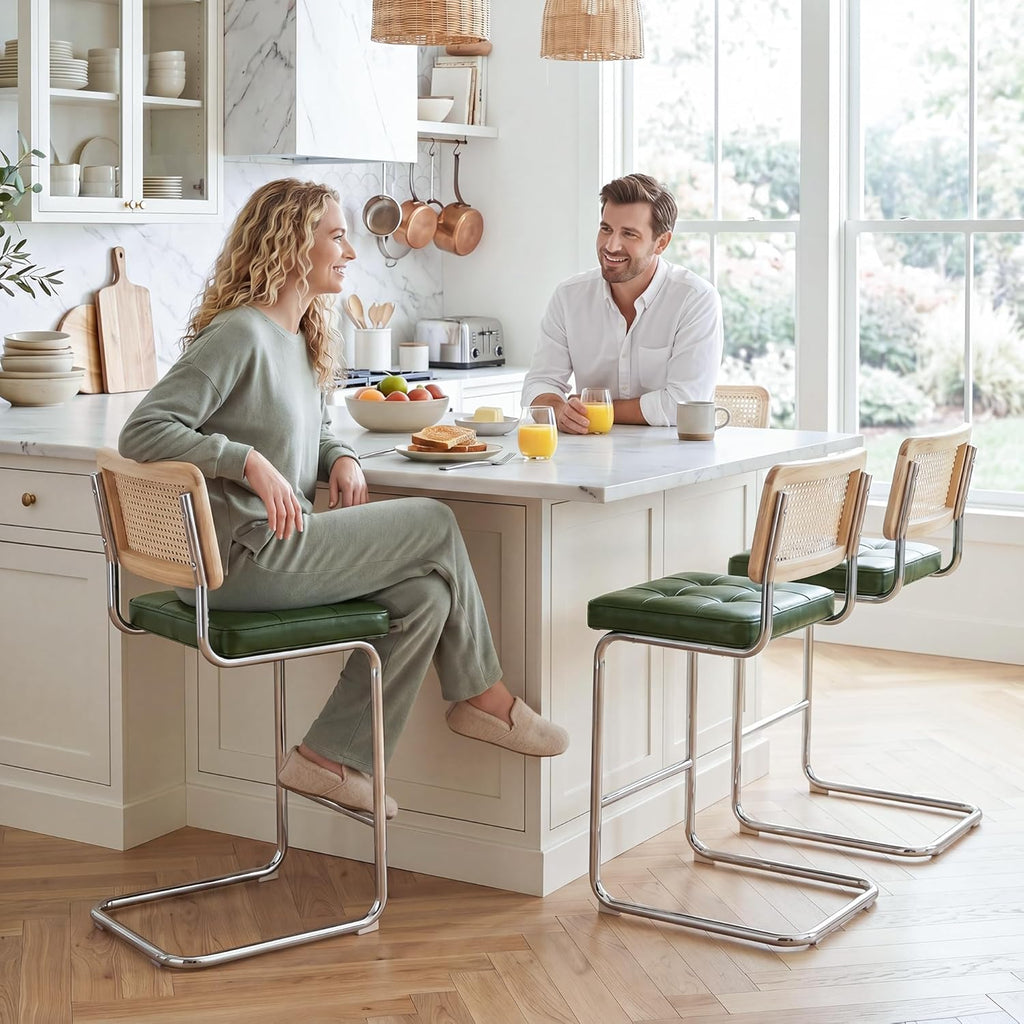 Natural Rattan Bar Stools Set of 2, Modern Counter Height Stools with Solid Wood Back, 26'' Counter Height Chairs