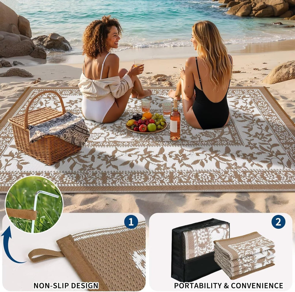 Outdoor Rug 9x12, Waterproof Reversible Foldable Plastic Straw Rug, Botanical cottagecore Outdoor Ru