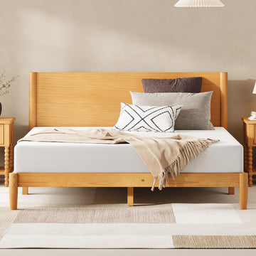 Solid Wood Queen Bed Frame, Mid Century Bed with Headboard, Yellow