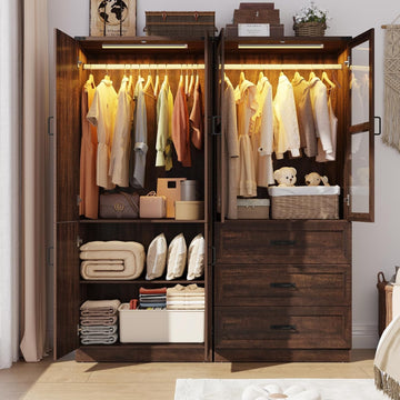 75" Tall Farmhouse 4 Doors Armoire Wardrobe Closet with 3 Drawers and LED,Freestanding Closet Wardrobe Cabinet with