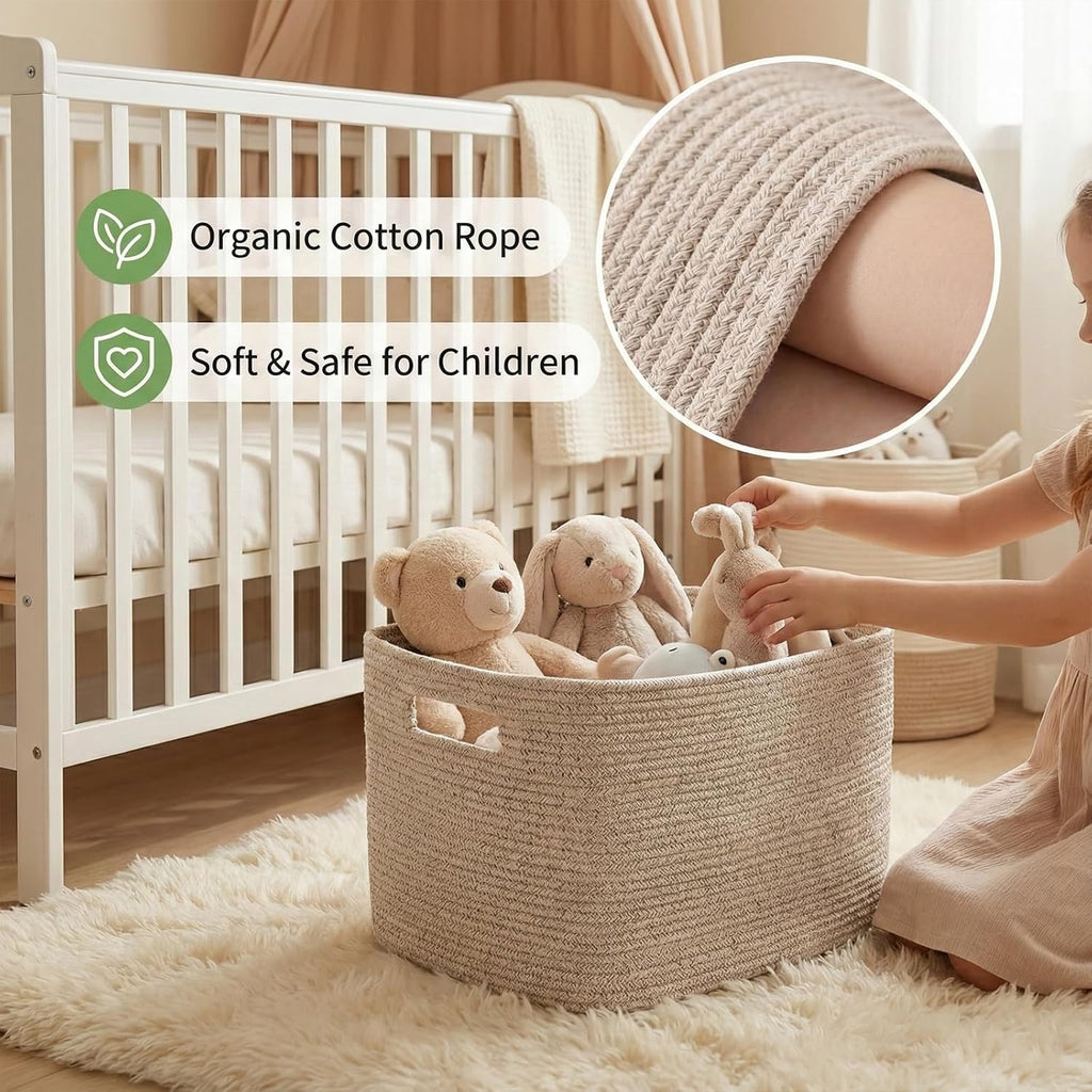 65L Large Woven Cotton Rope Blanket Basket, Oatmeal | Blanket Storage Use, Freestanding with Reinforced Handles