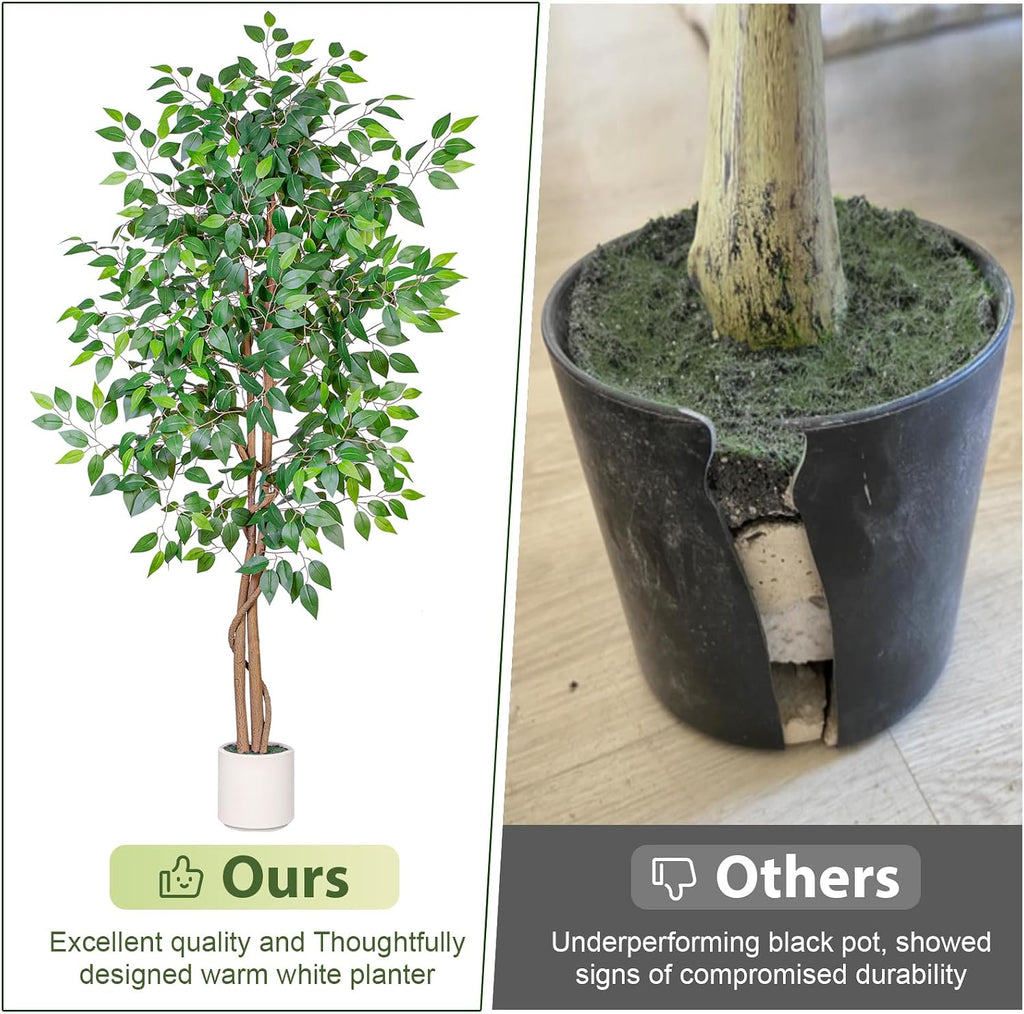 5FT Artificial Ficus Tree with White Planter, Realistic Faux Silk Indoor Outdoor Plant Living Room, Porch, Garden
