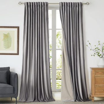 100% Full Blackout Silver Grey Velvet Curtains, Set of 2 Panels Liner Rod Pocket Back Tab Thermal Window