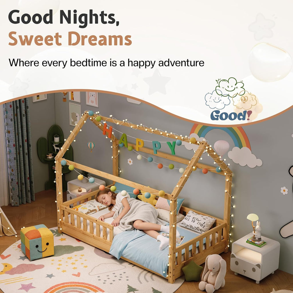 Twin Size House Bed for Kids with Guardrails, Natural Wood | 100% Solid Wood Construction, Removable Rails, Full