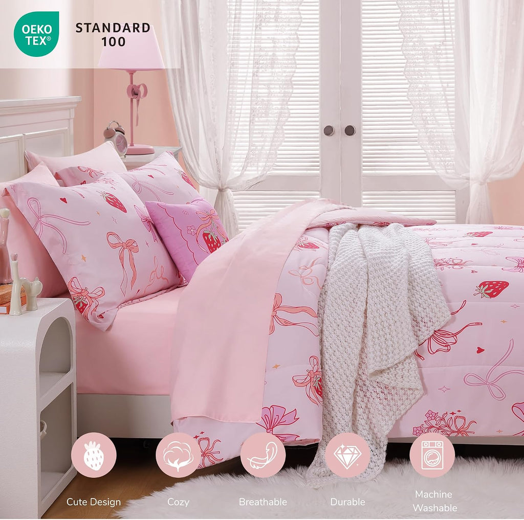 Comforter Set for Girls - 4 Pieces Pink Bow Bedding Sets for Kids, 1 Comforter, 2 Shams and 1 Decor Pillow
