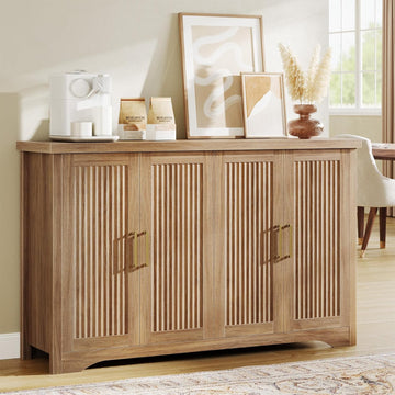 Fluted Buffet Cabinet with Storage Accent Sideboard,Modern Credenza with 4 Doors & Adjustable Shelves,Wood Coffee Bar