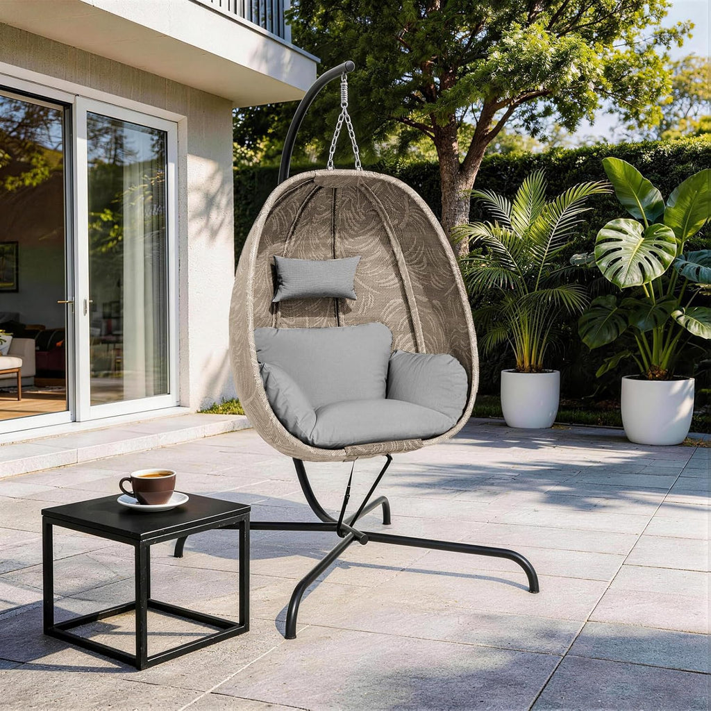 Foldable Egg Chair with Stand, 485LBS Capacity Textilene Hammock Swing Chair for Outdoor & Indoor, Hanging Chair with
