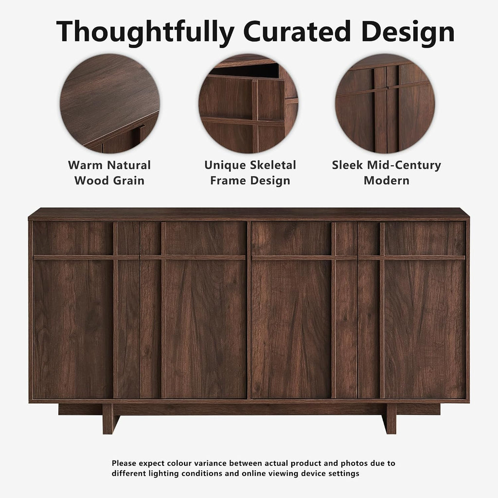 63" Sideboard Buffet Cabinet, Skeleton Lines Design, Walnut | Mid Century Modern Accent Cabinet with Wood Gain