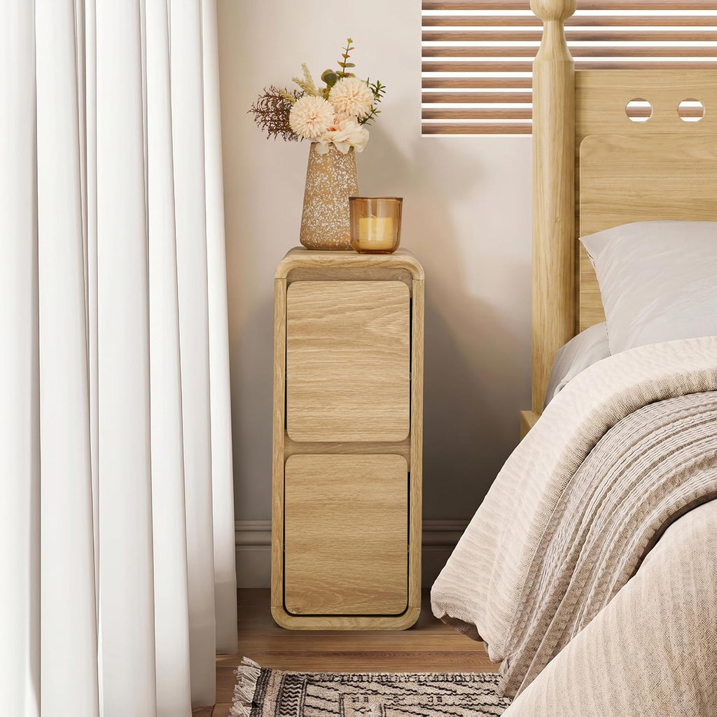Narrow Night Stand with 2 Drawers,Mid Century Modern Small Nightstands Wooden Dresser Skinny Bedside Table, Curved