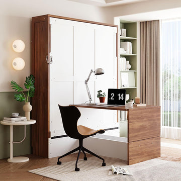 Full Murphy Bed with Desk, Wood Folding Hideaway Space Saving Murphy Wall Bed for Adults (White)