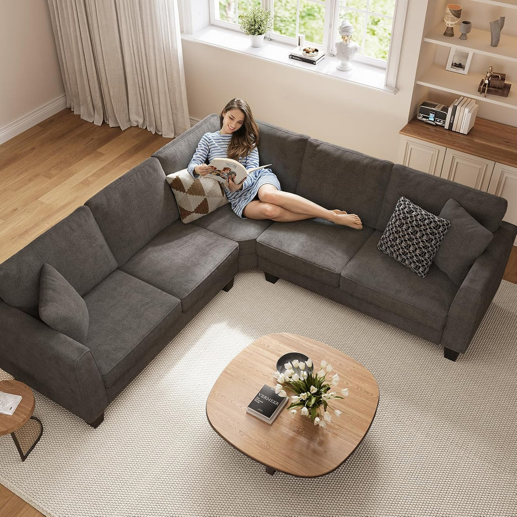 L Shaped Couch, Small Corner Sectional Sofa for Living Room, Comfy Chenille L Shape Sofa with 3 Throw Pillows