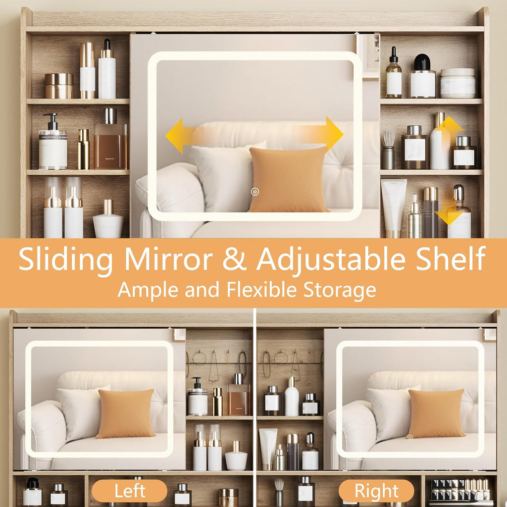 Makeup Vanity Desk with Mirror, Fluted Vanity with 5 Drawers and 2 Cabinets & Open Shelves and Power Outlet & Sliding