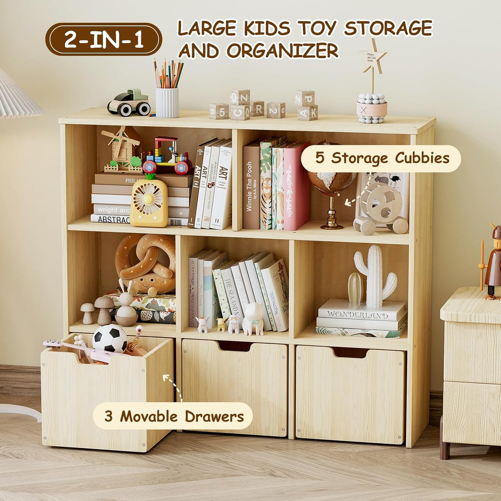 Solid Pine Wood Toy Storage Organizer, Kids Bookshelf and Toy Organizer with 3 Rolling Drawers, 5 Storage Cubes