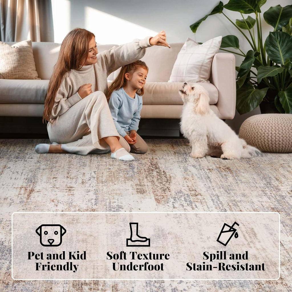 Washable Area Rug Living Room Rugs Large Soft Non-Slip Carpet for Bedroom Dining Room Modern Abstract Neutral Low