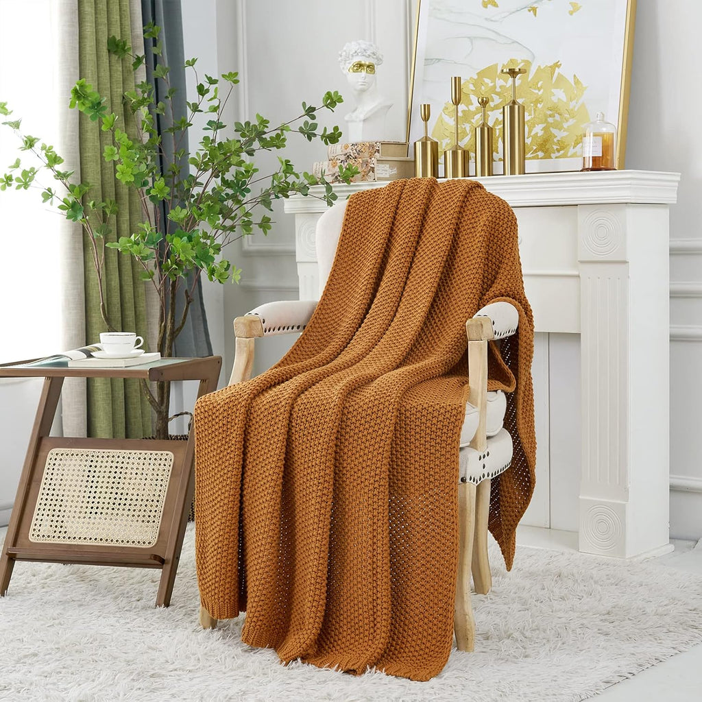 Chunky Cable Knit Throw Blanket Lightweight Burnt Orange 100% Organic Cotton Blanket, Rustic Shabby Chic Modern