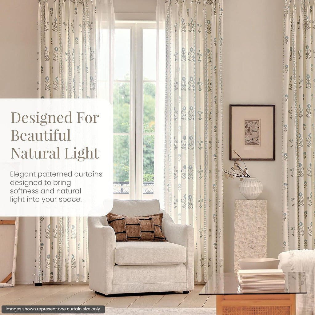Linen Blend Pinch Pleated Curtains 96 Inches Long, Light Filtering Curtains 2 Panels Set, Modern Floral Printed