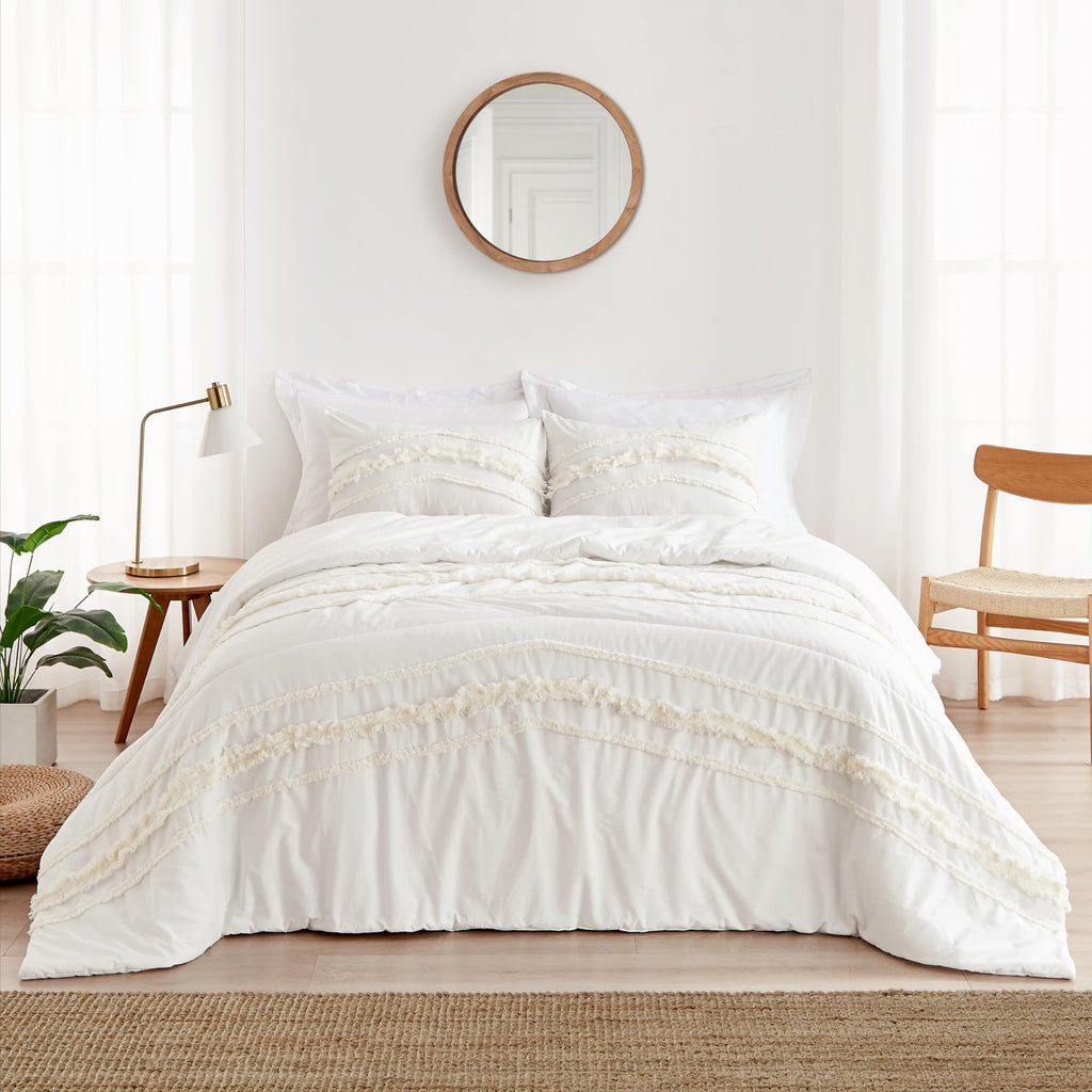 Ivory Cotton Bohemian Boho Chic Queen Comforter Set Full Size Bedding Teen Adult Bed Room 3 Piece Solid Color Off