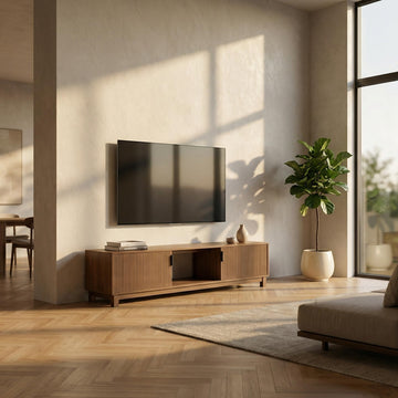 70" Fluted TV Stand for TVs up to 75 inch, Mid Century Modern Entertainment Center with 2 Hinged Doors & Open