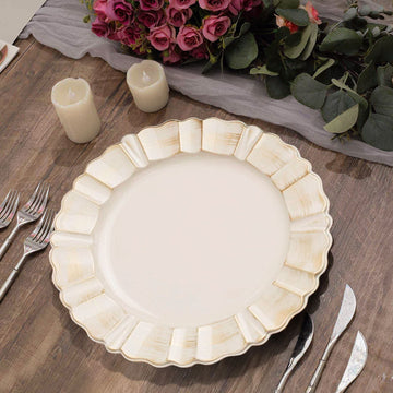 6 pcs 13-Inch Beige Gold Round Scalloped Rim Design Plastic Dinner Charger Plates | Serving Dinnerware Set for