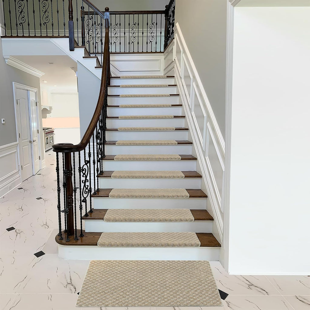 Bullnose Carpet Stair Treads for Wooden Steps Indoor 14 Pcs | 30x9.5 Inch Self Adhesive Tape Free Non Slip Indoor