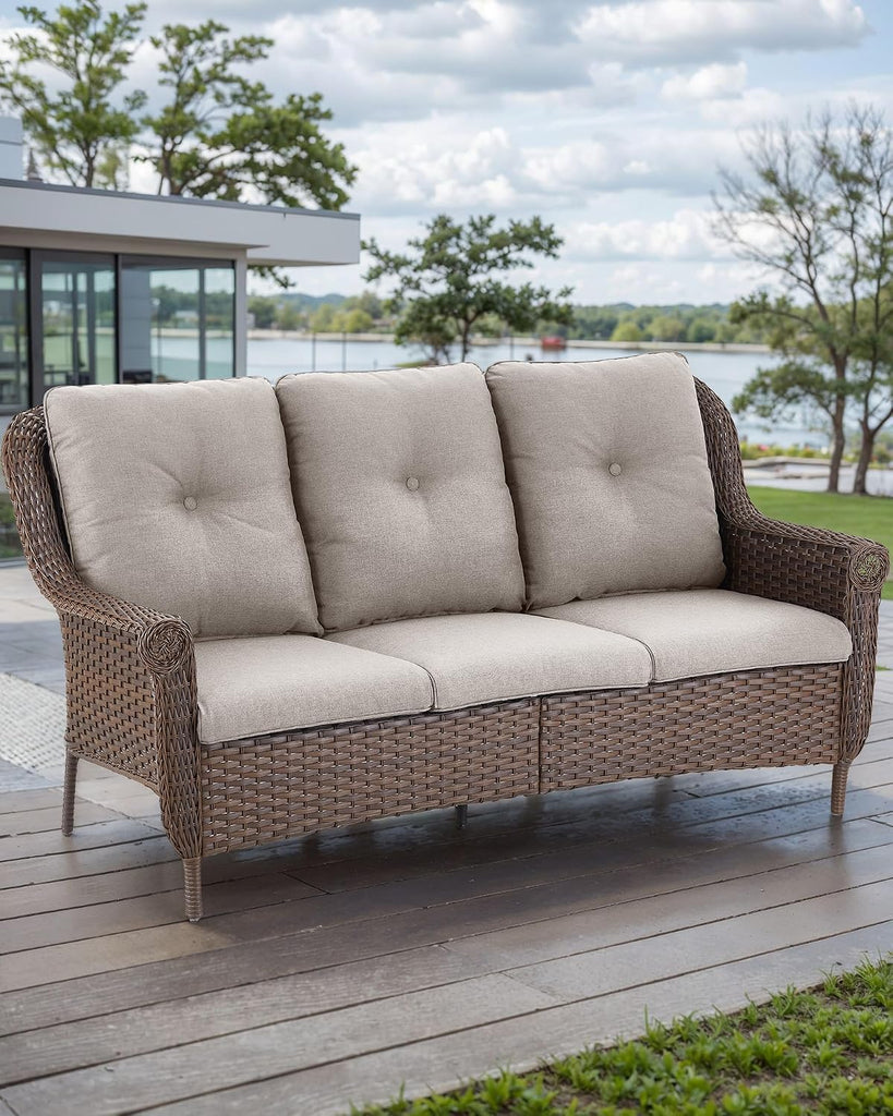Patio Couch Outdoor Wicker Sofa - Heavy Duty All-Weather Brown Rattan 3-Seater with High Back and Comfortable Thick