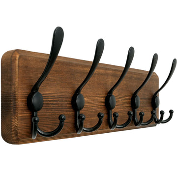 Rustic Coat Rack Wall Mount, Solid Wood Coat Hooks Wall Mounted Coat Hanger, 16" Hole to Hole, Hook Rack Rail, 5 Triple