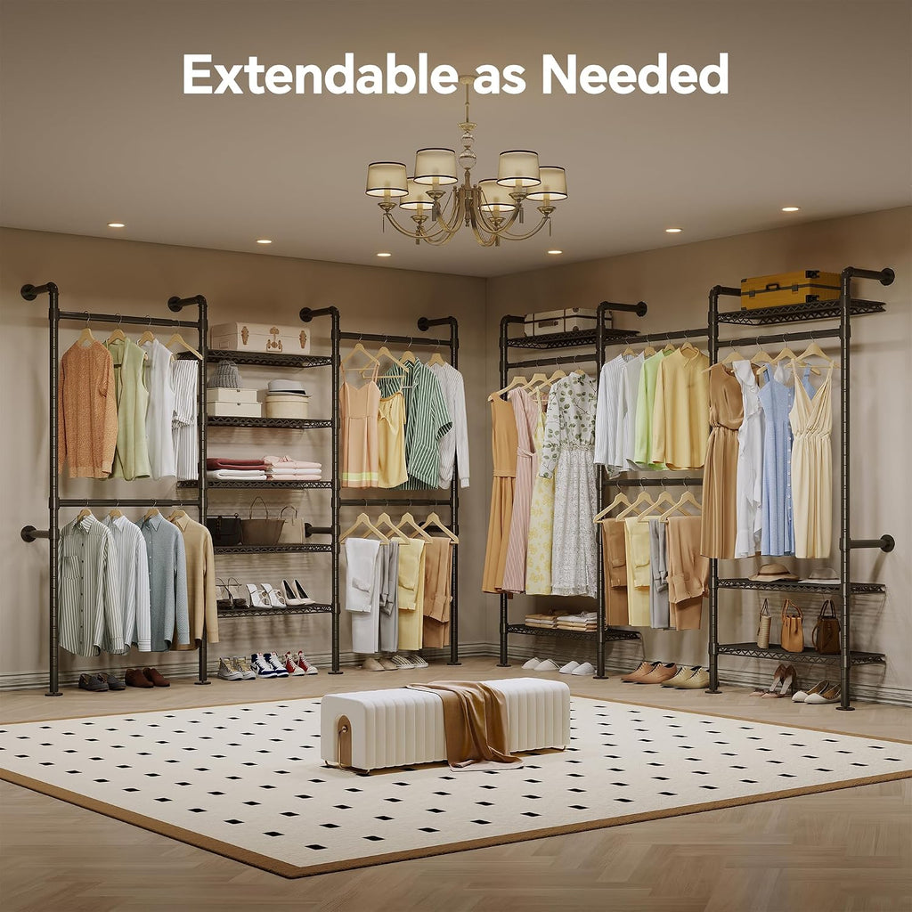 W3 Industrial Pipe Clothing Rack, Wall Mounted Clothes Rack Closet Wardrobe System with Expandable Hanger Rods