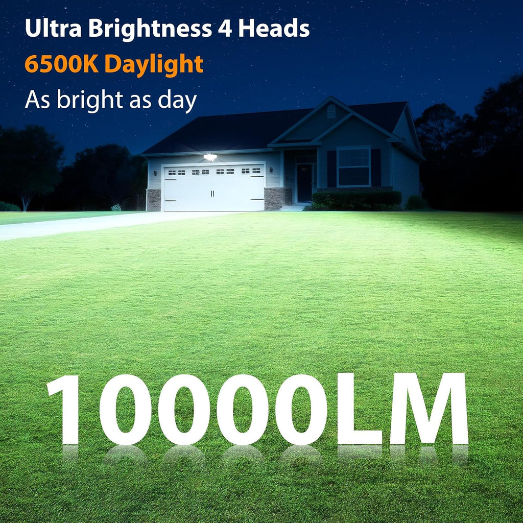 90W Flood Lights Outdoor, 10000LM Dusk to Dawn Outdoor Lighting, IP65 Waterproof, 6500K Daylight, 4 Heads LED