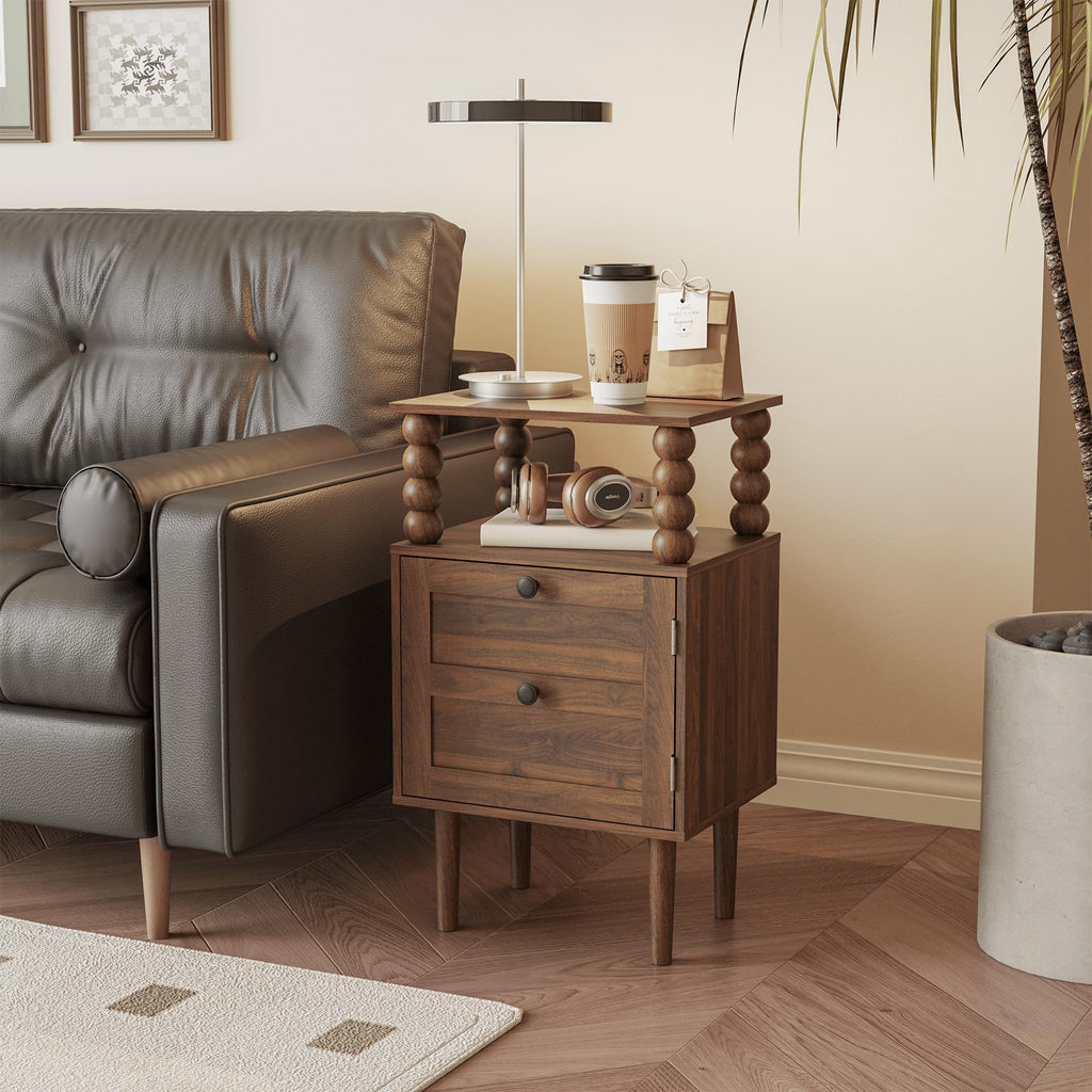 Nightstand, Retro Bedside Table with Storage Drawer, Dark Walnut