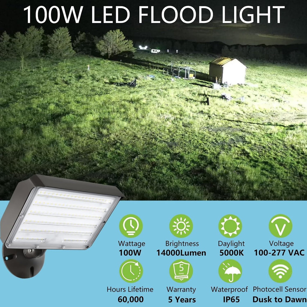 Dusk to Dawn Outdoor 100W LED Flood Light with Knuckle (Plate Included), 14000LM 1000W Equiv., 100-277V 5000K,ETL