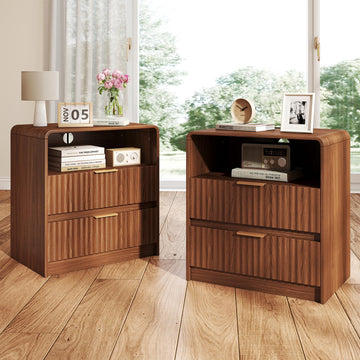 Fluted Nightstand Set of 2, Bedside Table with Charging Station, Wooden End Table with 2 Drawers Storage and 1 Open