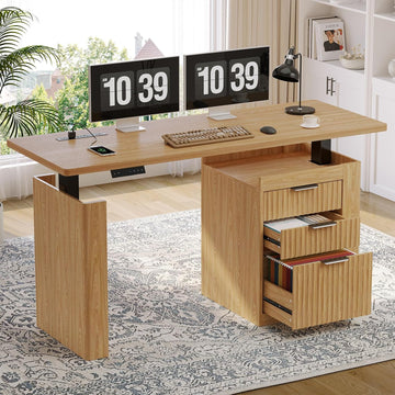 55" Electric Standing Desk with File Cabinet & Storage, Oak Brown