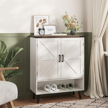 34" Tall Farmhouse Shoe Storage Cabinet with Barn Doors, White