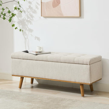 Storage Ottoman Bench, 45" End of Bed Bench, Beige | Hidden Storage Space, Linen Upholstery, Padded Cushion Top