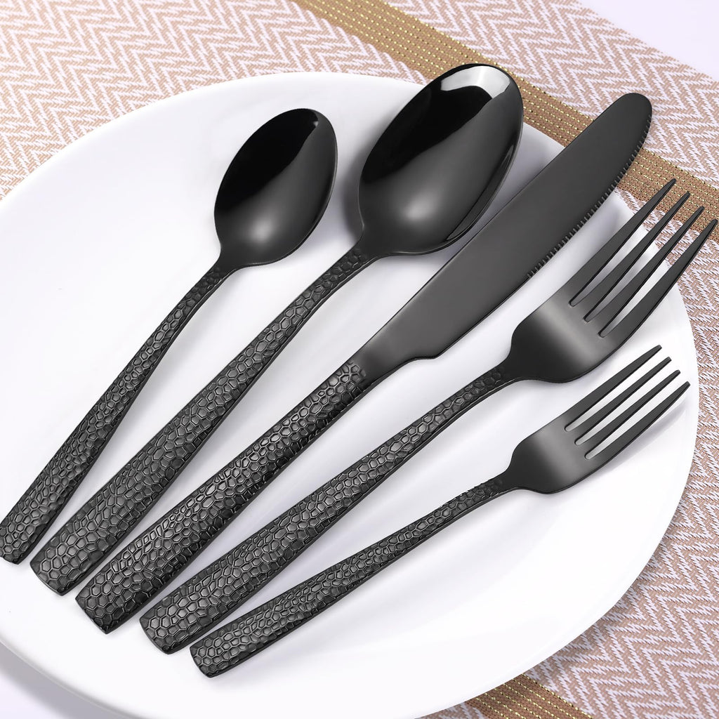 20 Piece Black Modern Flatware Set Hammered Silverware Set Stainless Steel Fine Vintage Dining Cutlery Utensil Set
