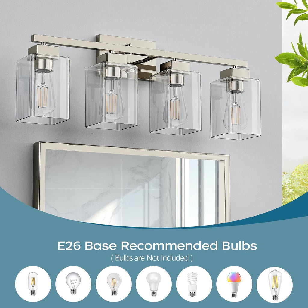 4-Light Bathroom Light Fixtures, Brushed Nickel Modern Vanity Lights, Bathroom Lighting Fixtures Over Mirror, Square