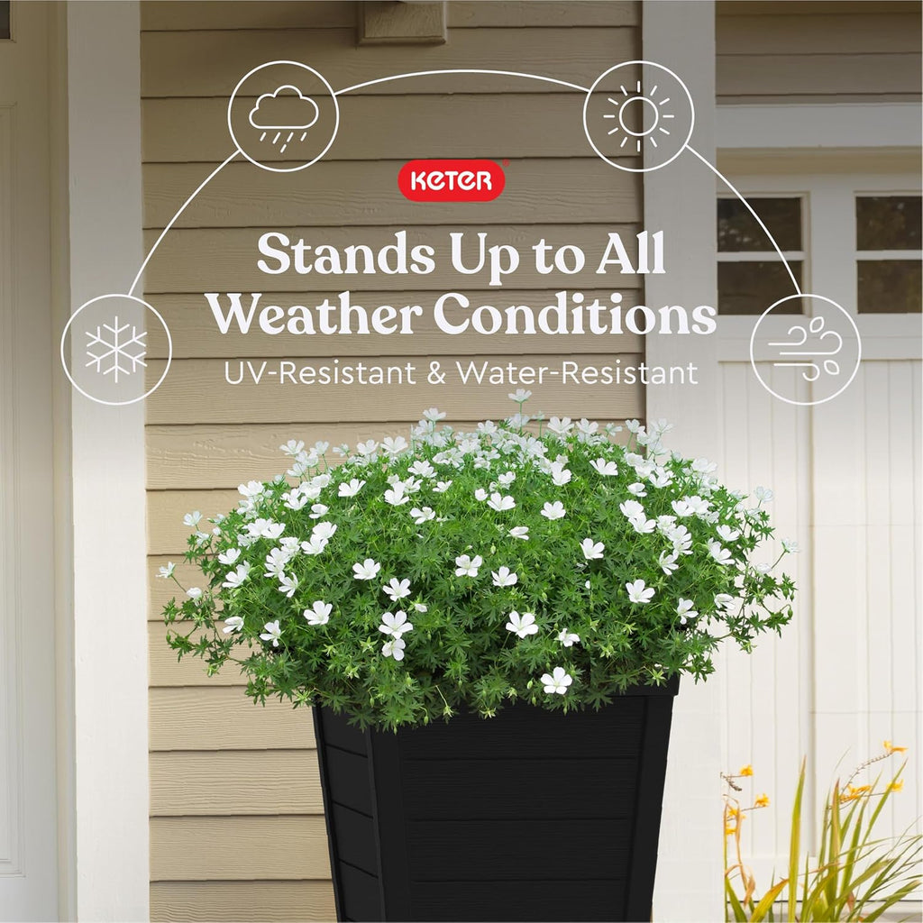 Set of 2 Resin Modern Outdoor 22 Inch Tall Large Flower Pots, Tapered Wood Look Planters for Outdoor Plants and Front