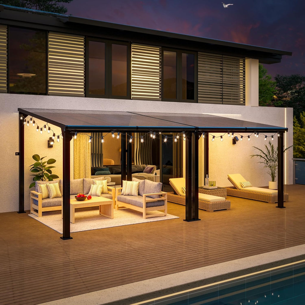 10 * 20FT Pergola,4 * 7 Inch Thickened Pillars & Enlarged Base,Outdoor Hardtop Lean to Gazebo,Wall Mounted