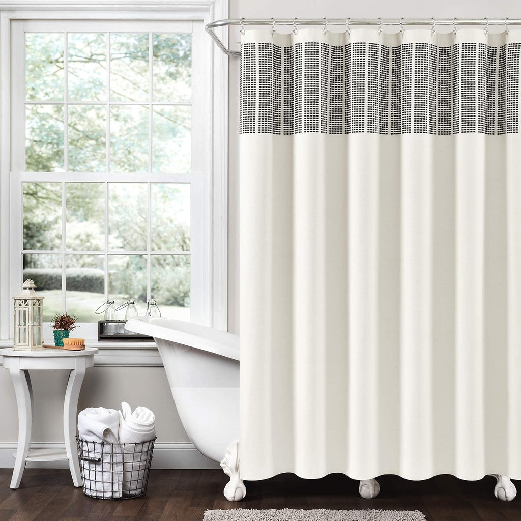 Stitched Woven Stripe Yarn Dyed Cotton Blend Shower Curtain Single 72" W x72 L Ivory & Black - Shower Curtains